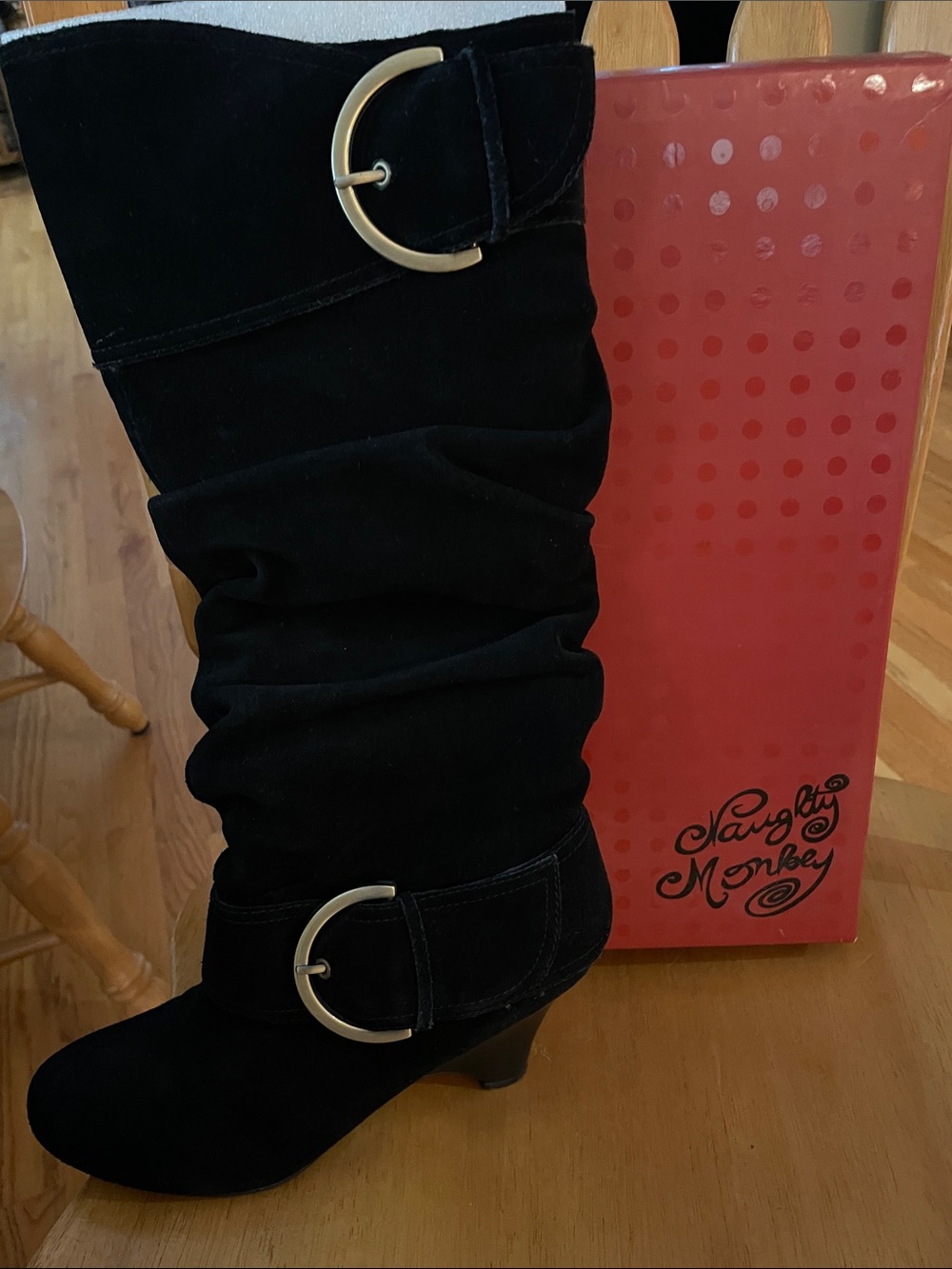 naughty monkey Black Suede Slouchy Mid-Calf Boots with Buckle Accents